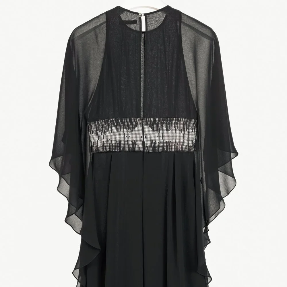 Versace Collection Black Crepe Rhinestone-Waist Cape Mini Dress - Picture 2 of 12